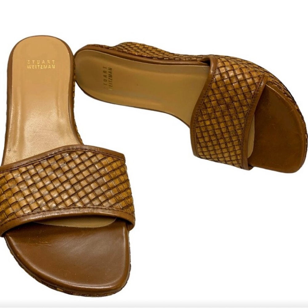 STUART WEITZMAN Woven Leather Platform Wedge Slides